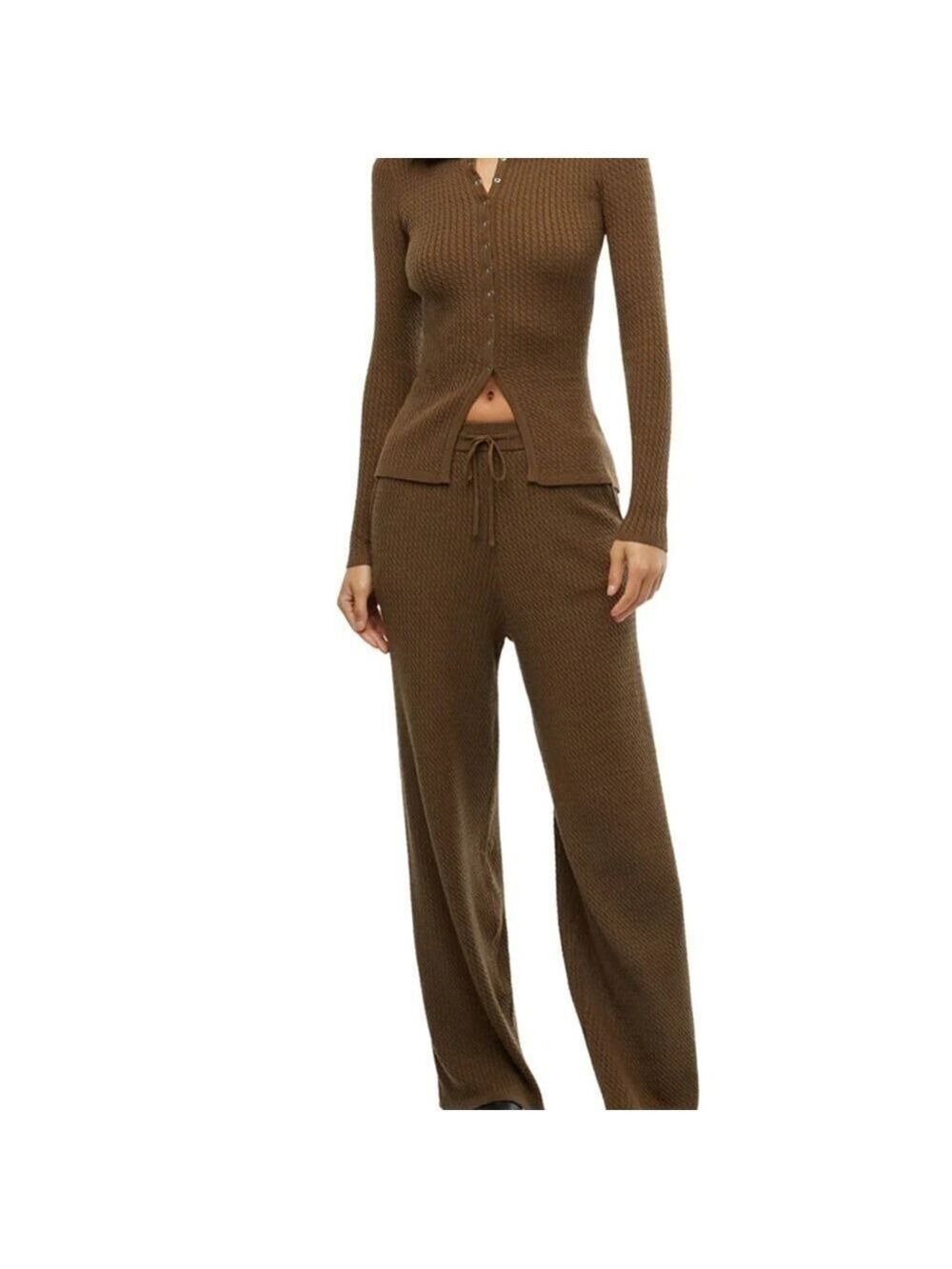 WeWoreWhat Brown Fly Away Knit Long-Sleeve Top and Pants Matching Set